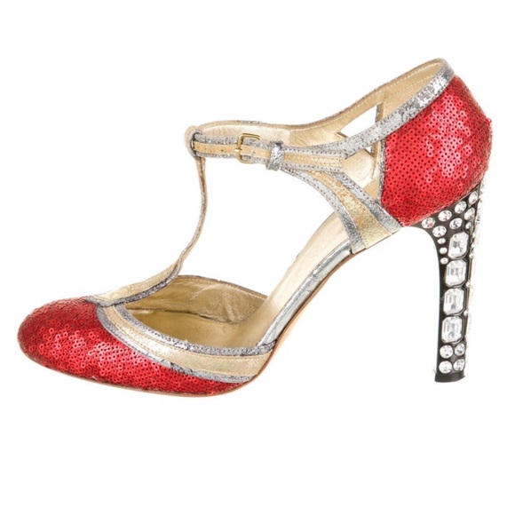 Red and Silver sequins and crystal heel t strap pump IT40 - Picture 2 of 10